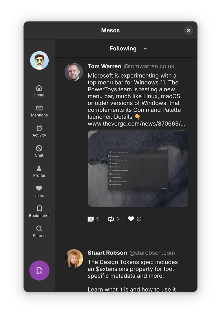 Timeline view showing posts from your feed